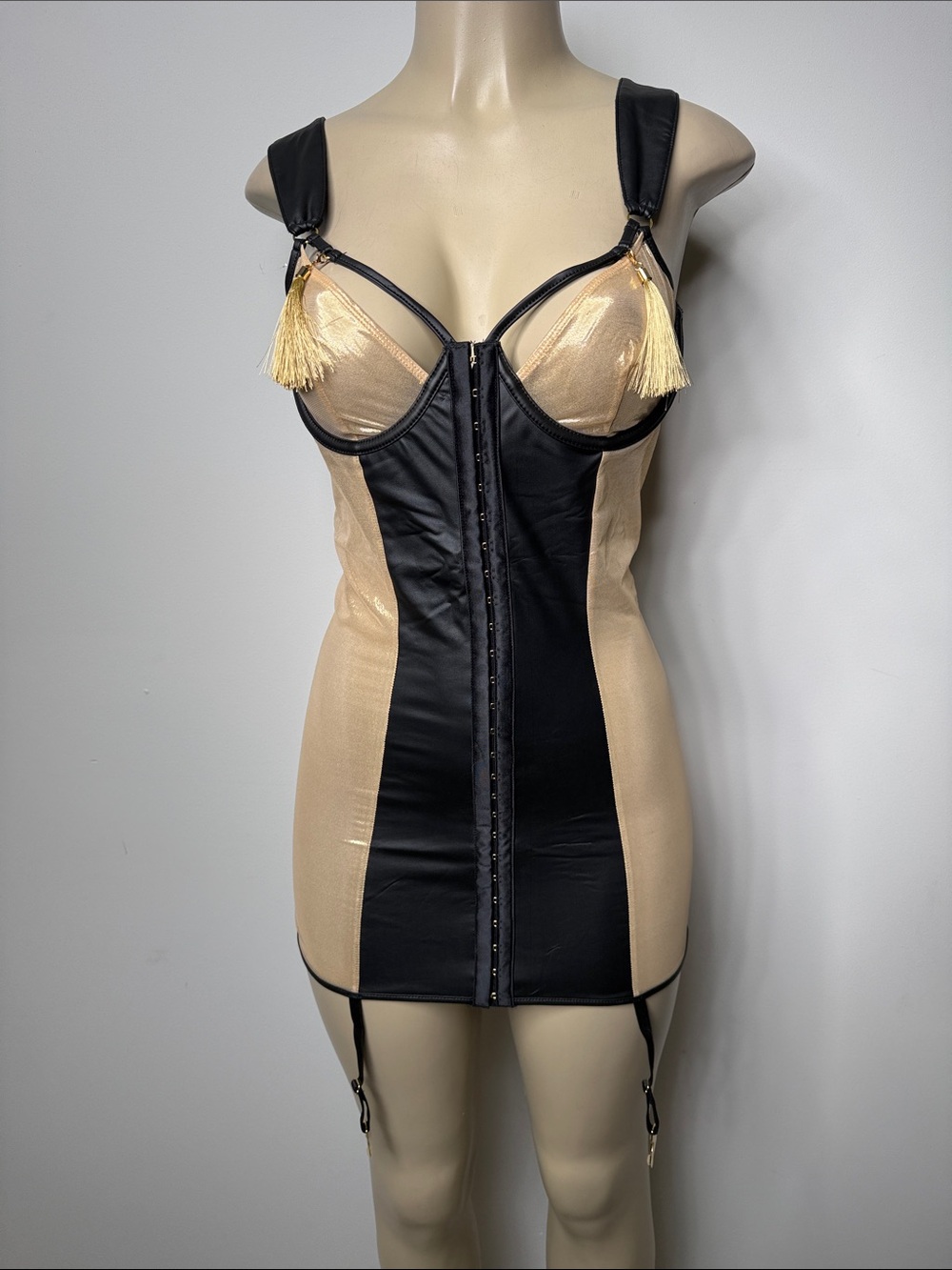 Black & Gold Panel Slip Dress with Tassel Accents